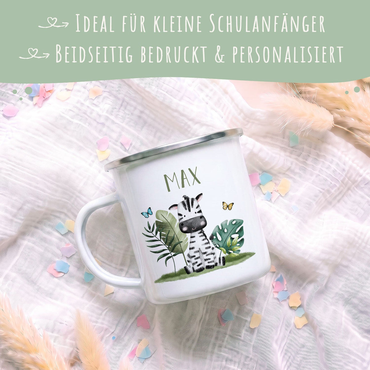 Emaille Tasse für Kinder - Personalisiert mit Namen - Tiergruppe Safari