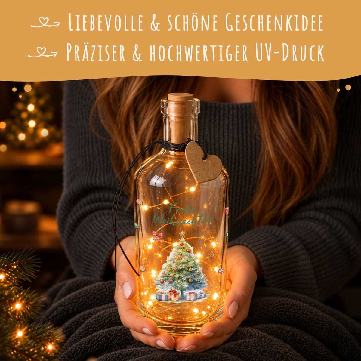 Flaschenlicht mit LED-Lichterkette und UV Druck - Weihnachtsbaum Design - Weihnachtsdekoration
