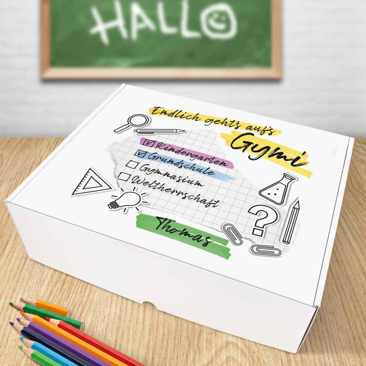 Personalisierte Geschenkbox - Endlich gehts aufs Gymi - Einschulung