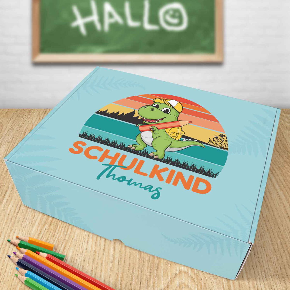 Personalisierte Geschenkbox - Schulkind Dino - Einschulung