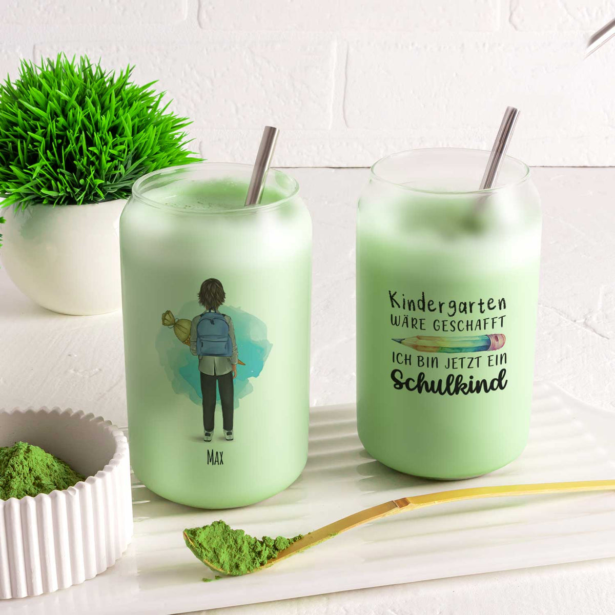 Glasbecher mit Bambusdeckel & Trinkhalm - Konfiguration Einschulung