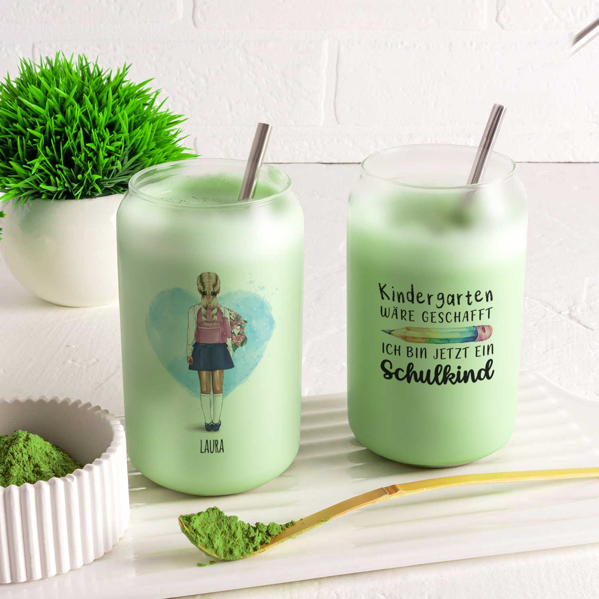 Glasbecher mit Bambusdeckel & Trinkhalm - Konfiguration Einschulung