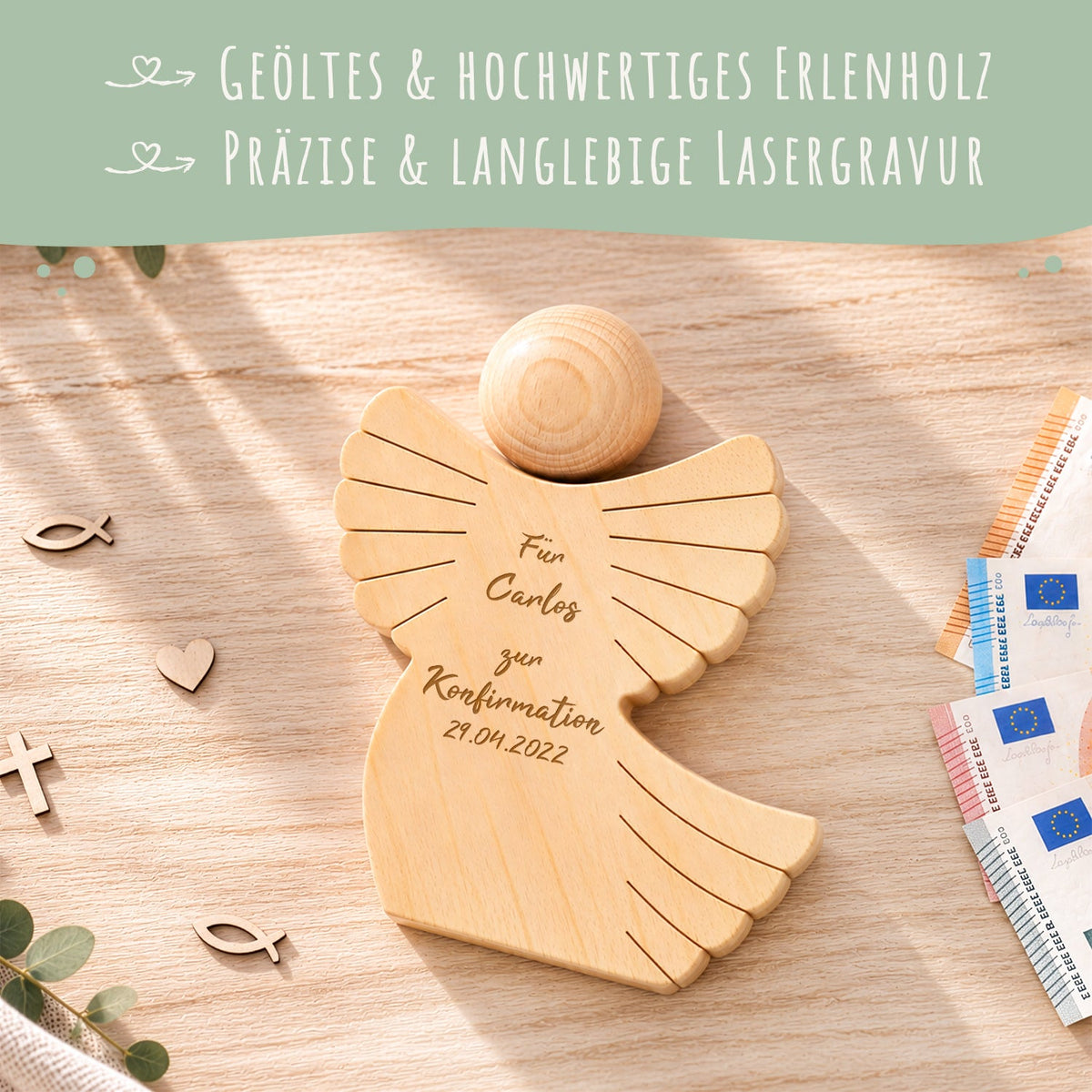 Holzengel mit Namen & Datum – persönliches Geldgeschenk