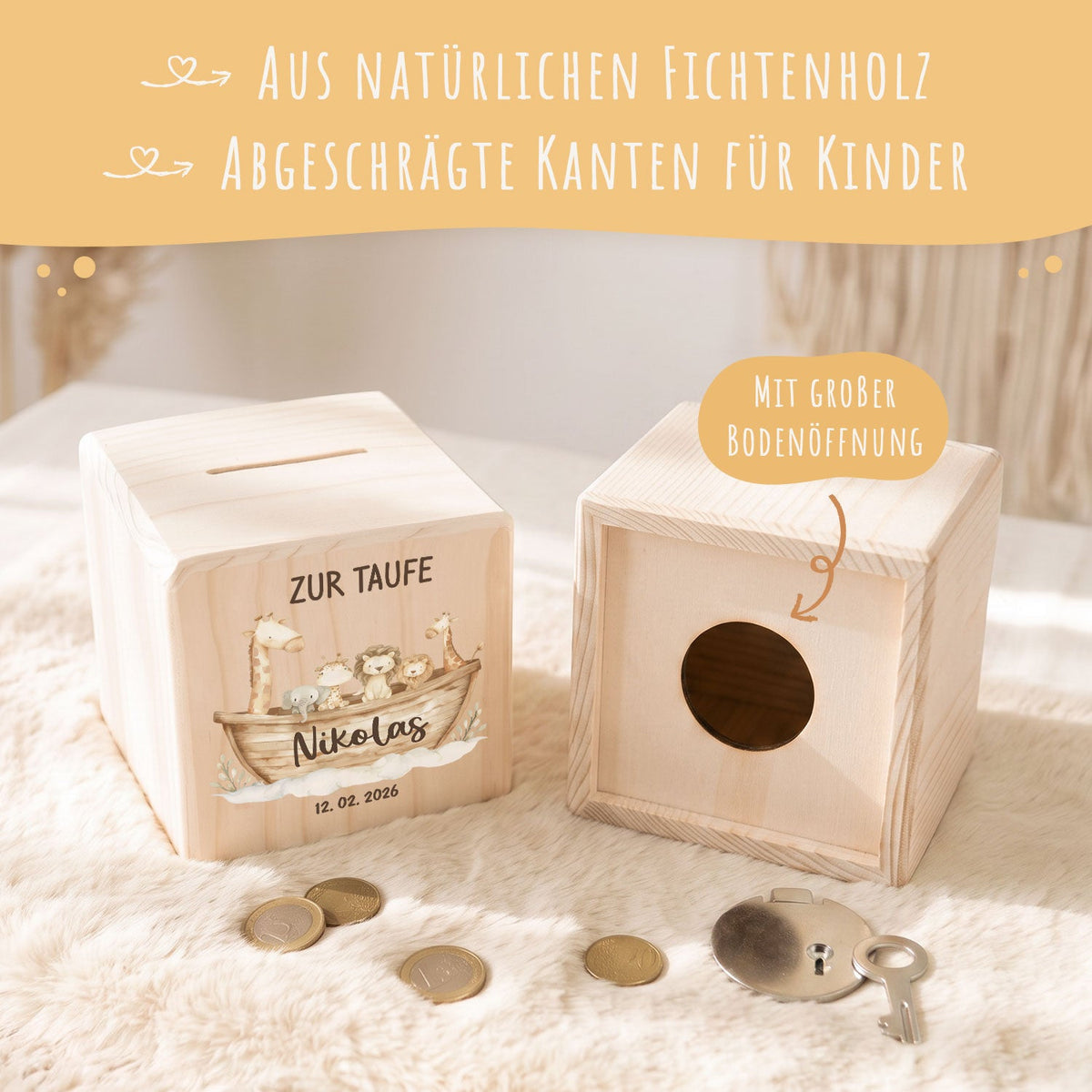 Spardose aus Holz zur Taufe - Arche