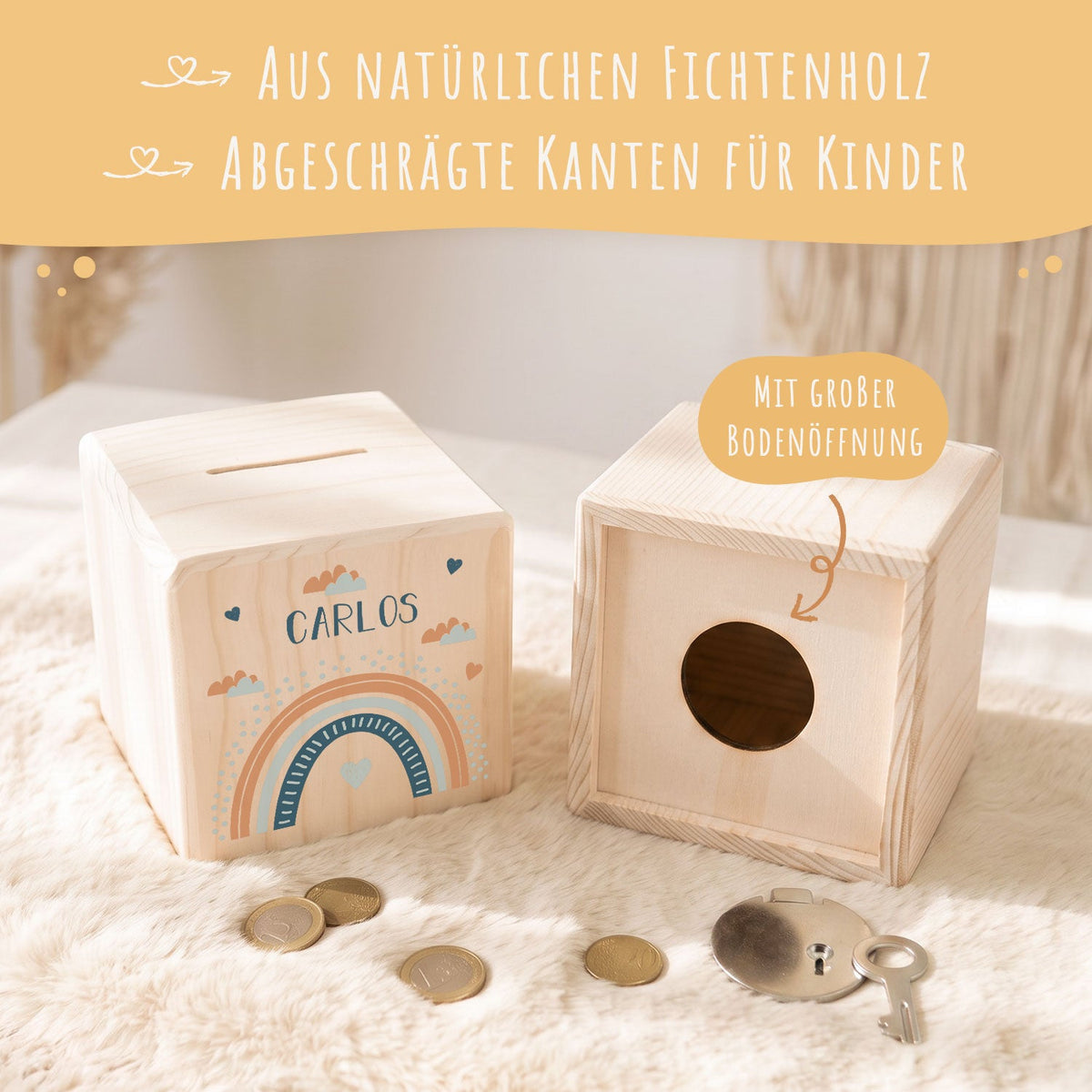 Spardose aus Holz - Regenbogen