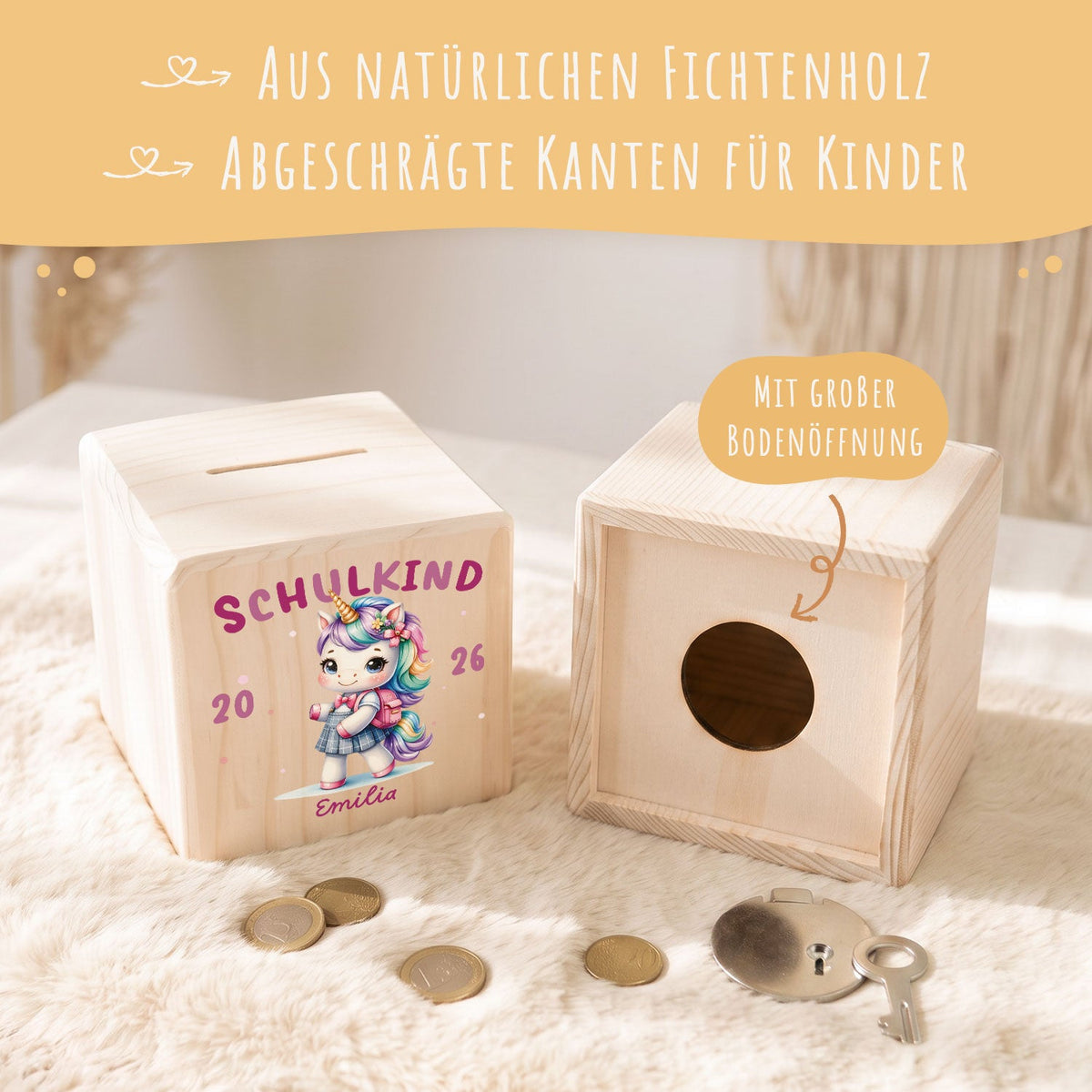 Spardose aus Holz - Schulkind