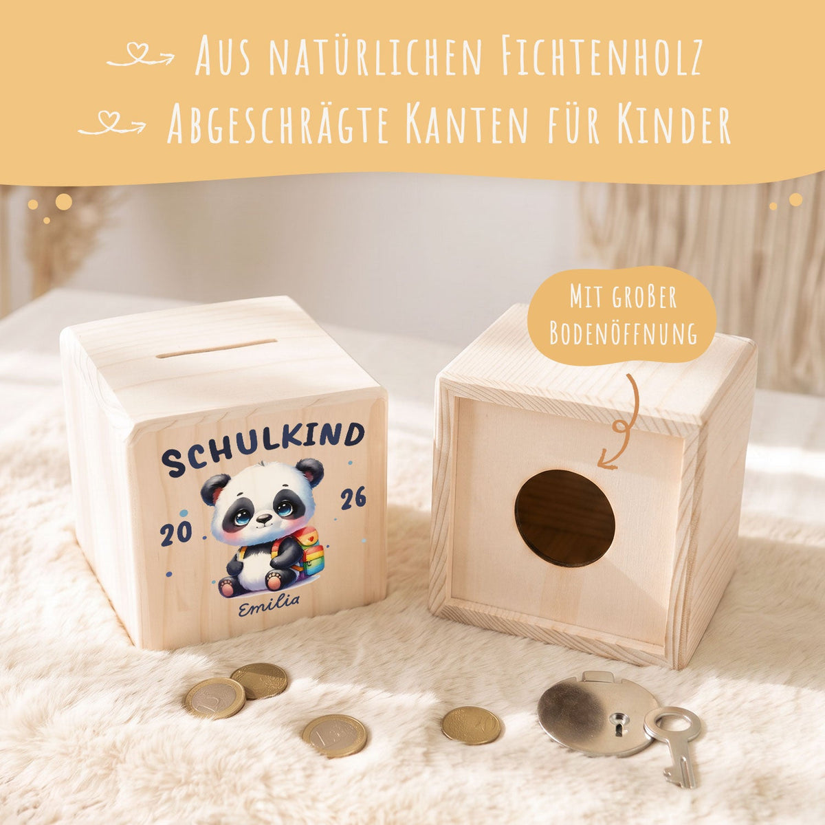 Spardose aus Holz - Schulkind