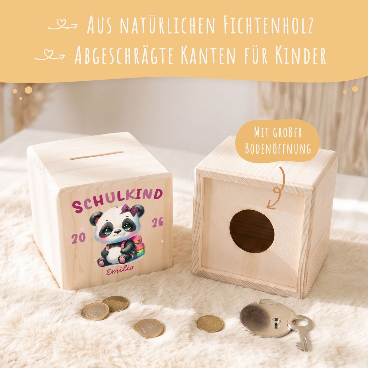 Spardose aus Holz - Schulkind