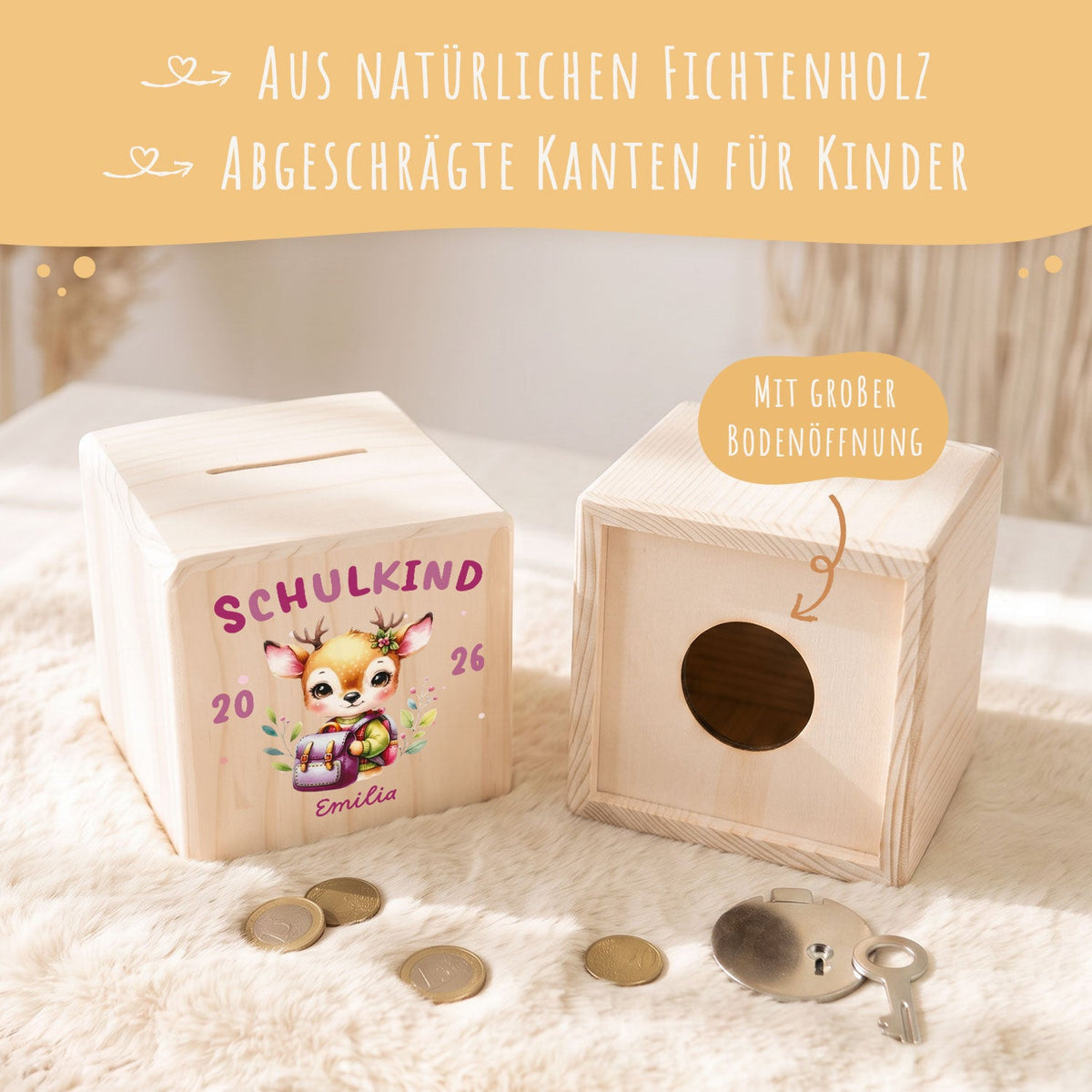 Spardose aus Holz - Schulkind