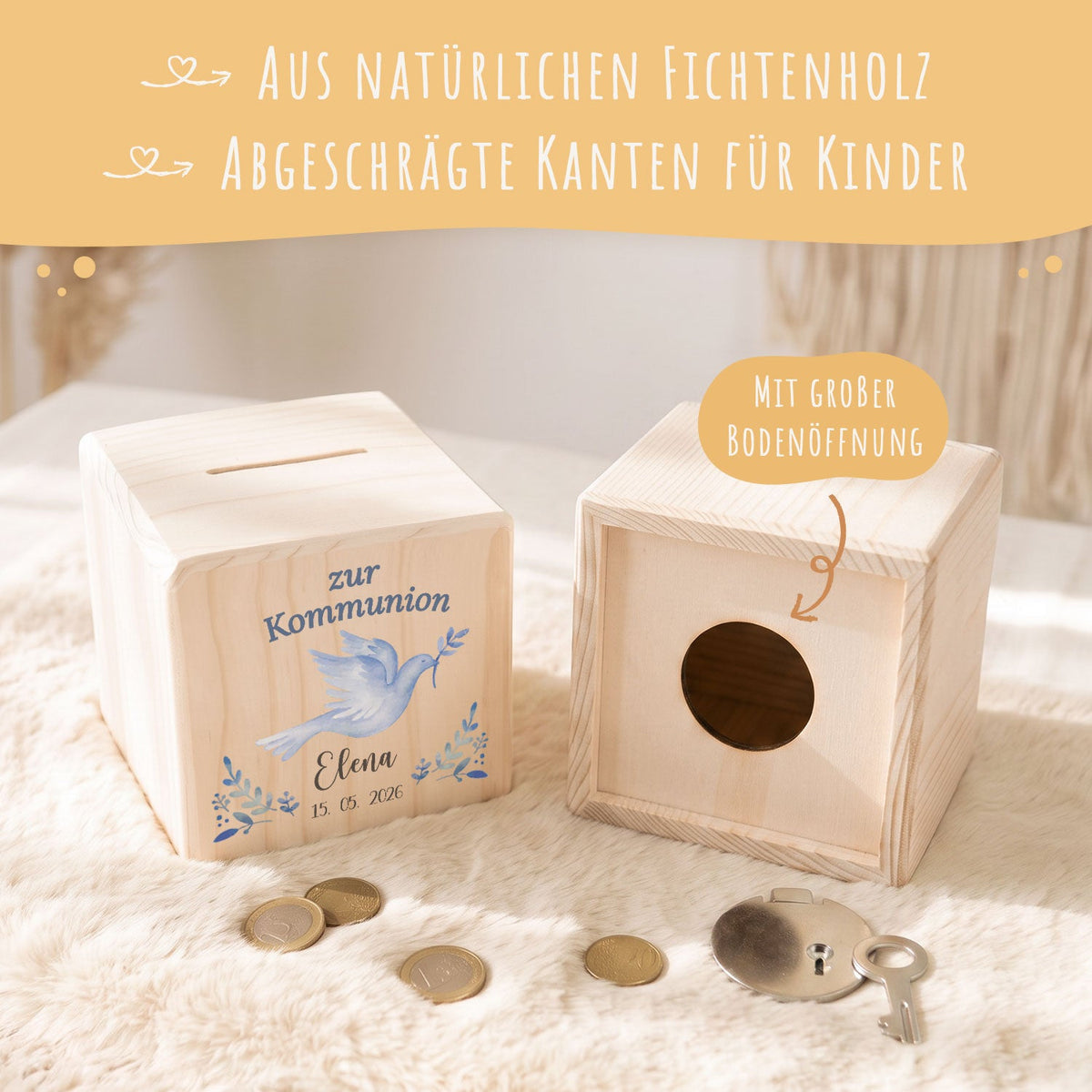 Spardose aus Holz - Taube Blau