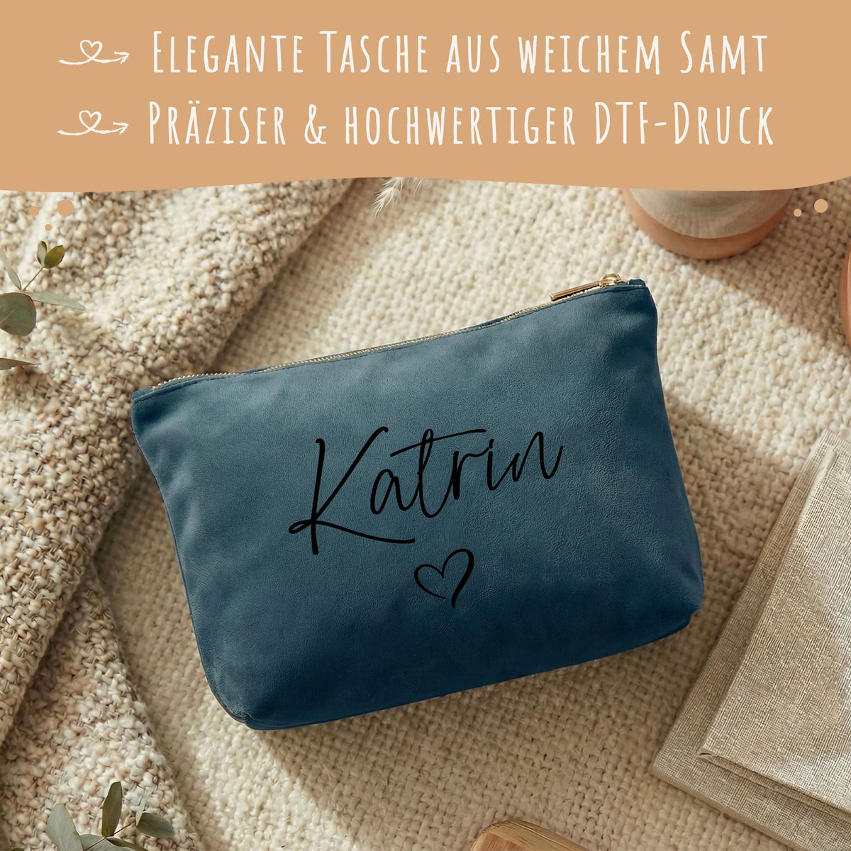 Personalisierte Samt Kosmetiktasche mit Name für Kosmetik & MakeUp
