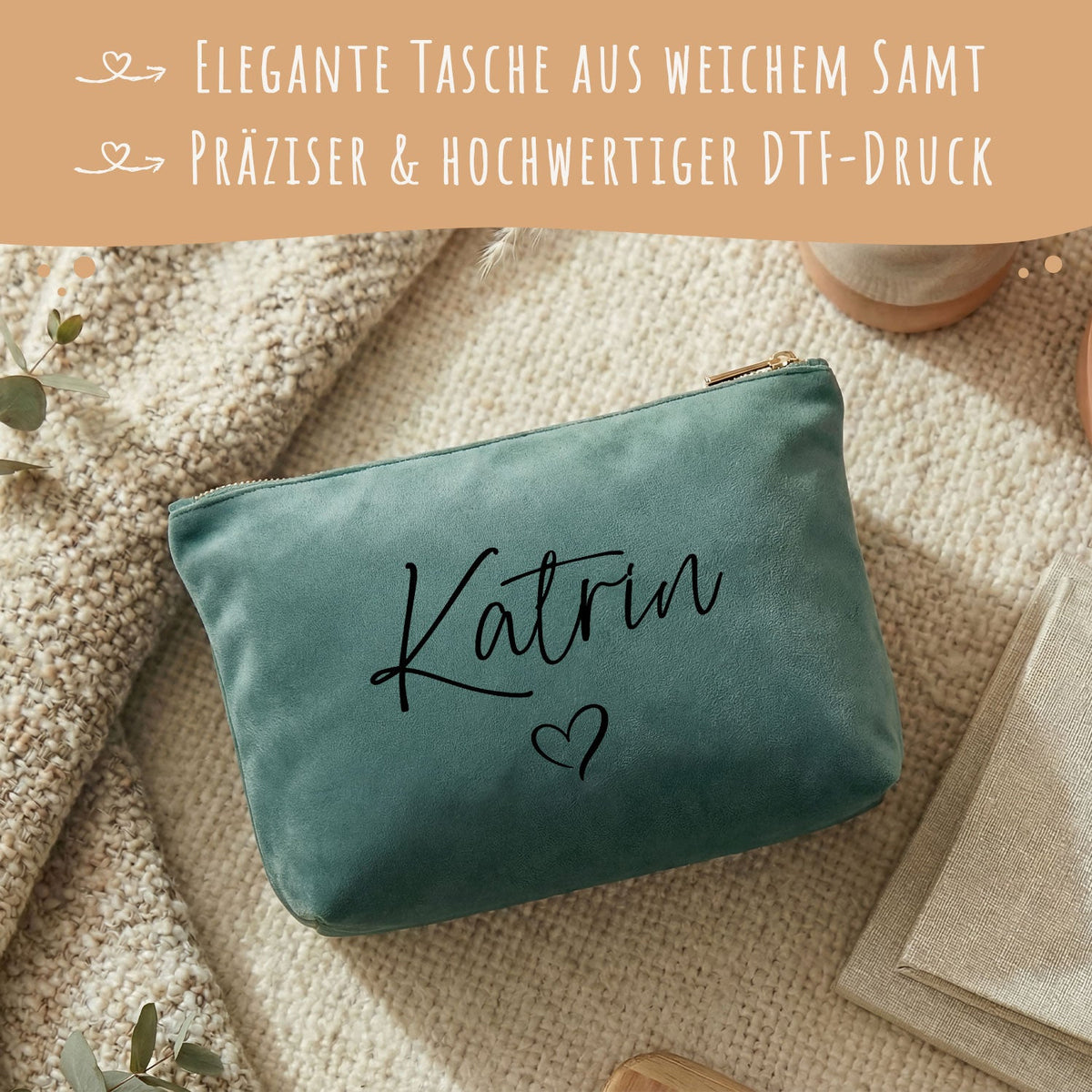 Personalisierte Samt Kosmetiktasche mit Name für Kosmetik & MakeUp