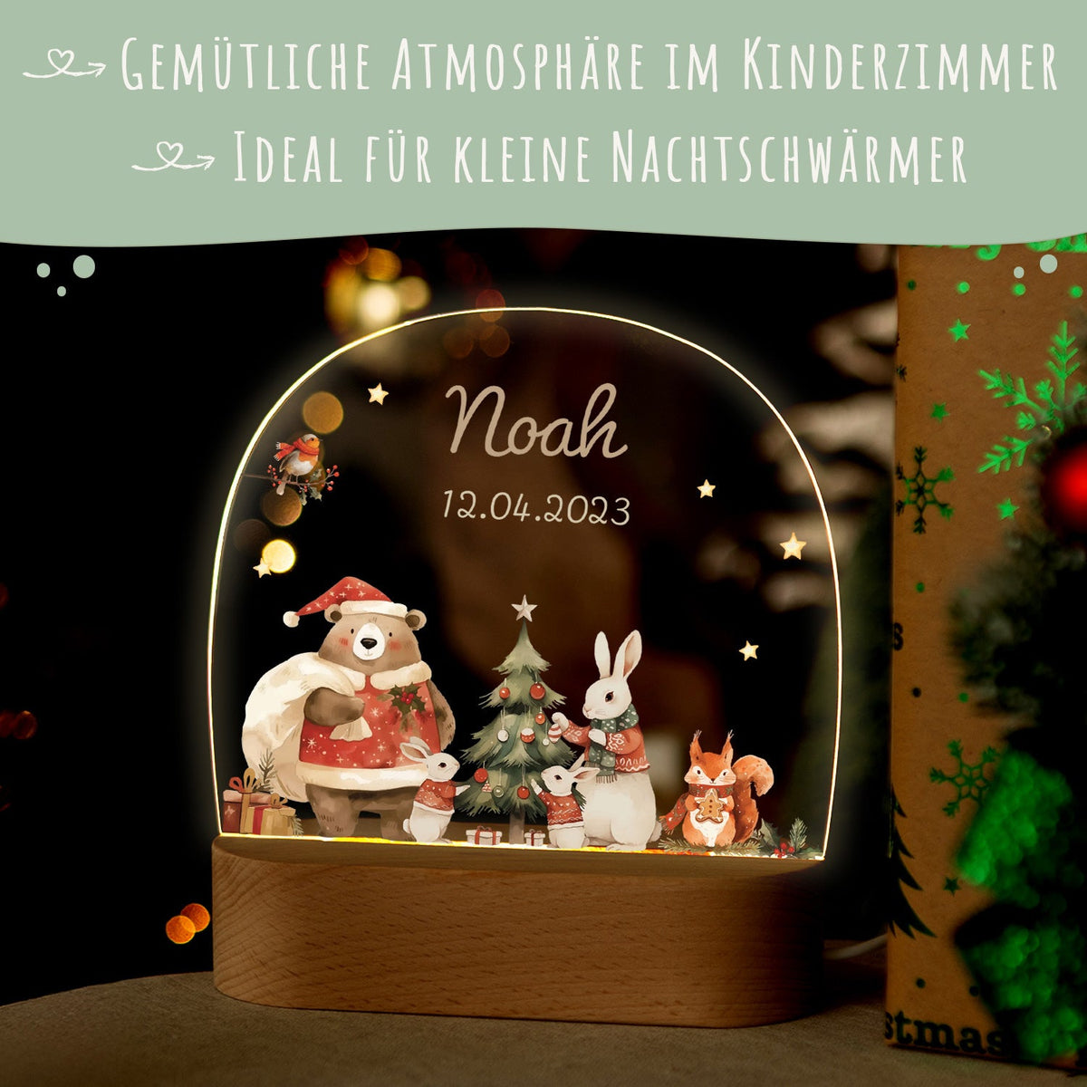 Kinder LED Nachtlicht mit Sockel aus Holz - "Pullovertiere"