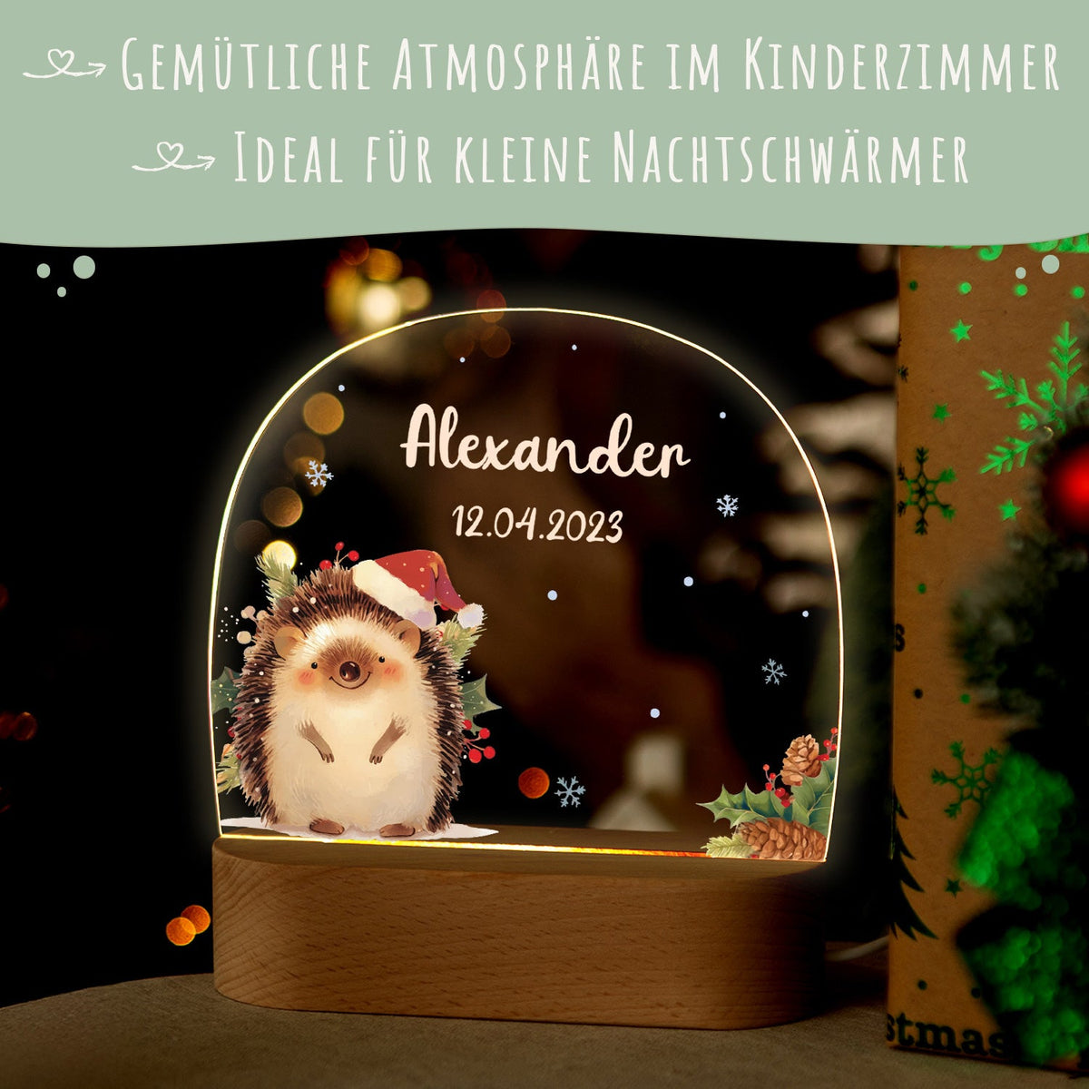 Kinder LED Nachtlicht mit Sockel aus Holz - "Weihnachtstiere"