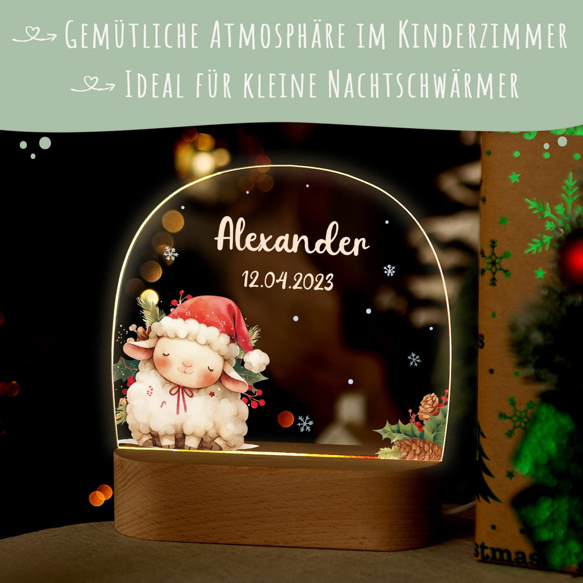 Kinder LED Nachtlicht mit Sockel aus Holz - "Weihnachtstiere"