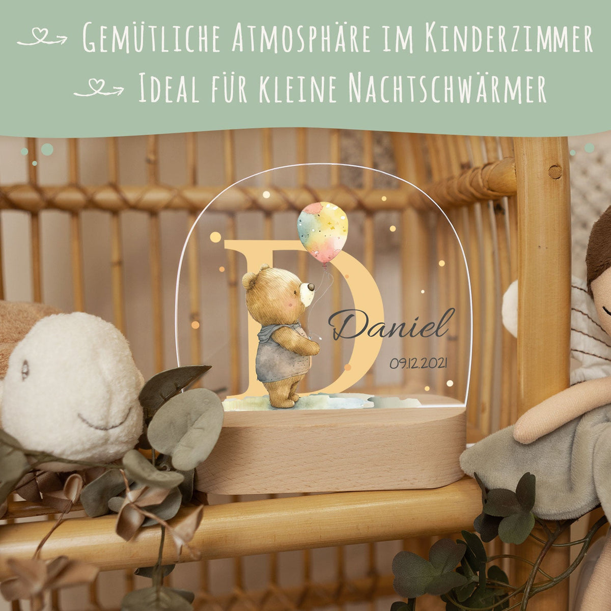 Kinder LED Nachtlicht mit Sockel aus Holz - "Initial Tiere"