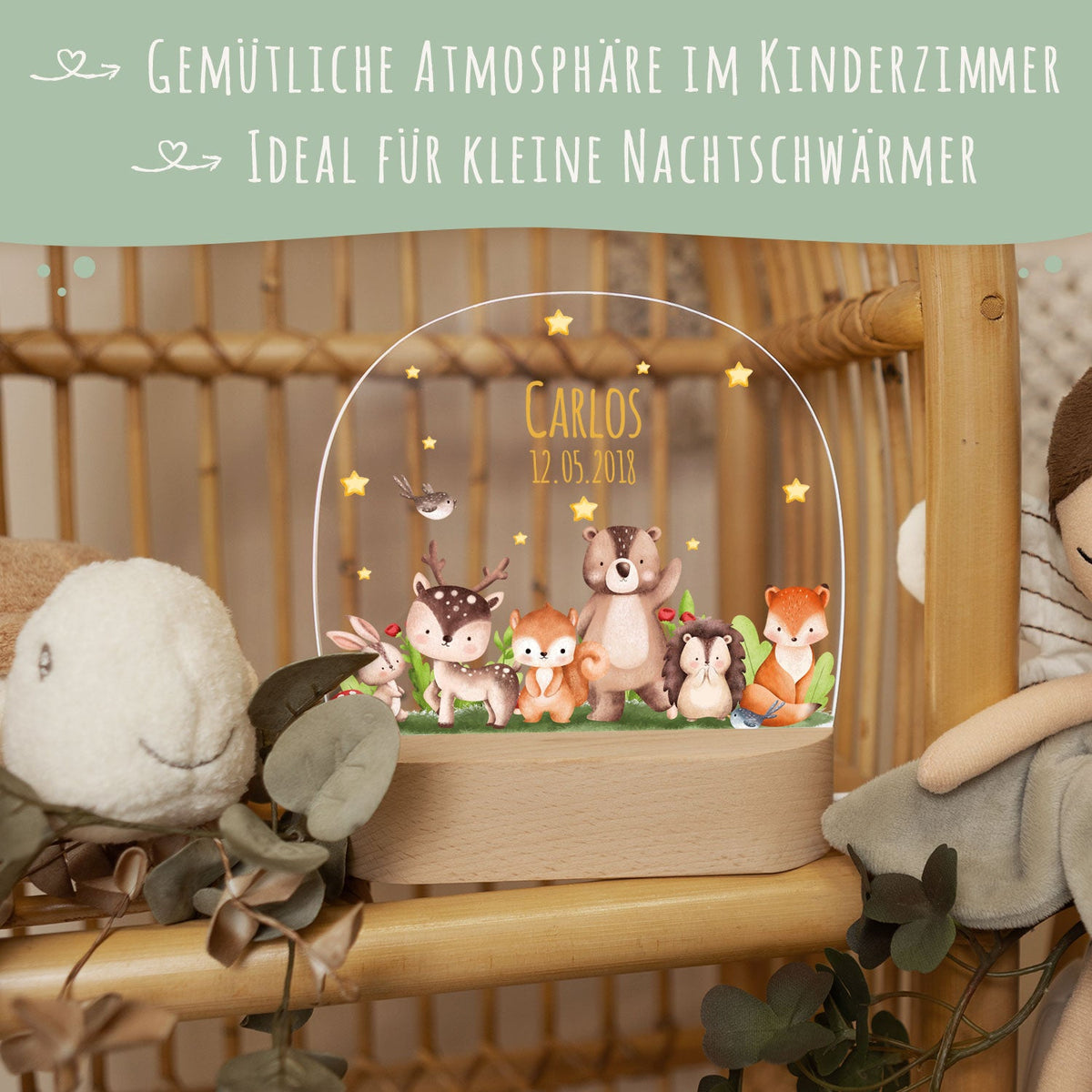 Kinder LED Nachtlicht mit Sockel aus Holz - "Tiergruppe Waldtiere"