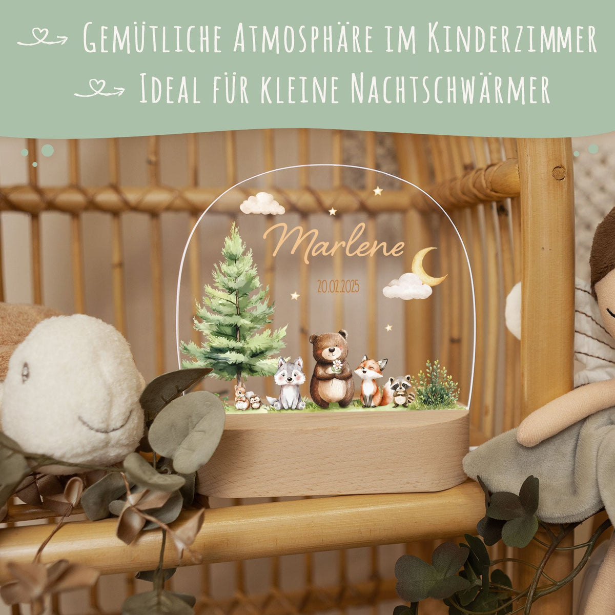Kinder LED Nachtlicht mit Sockel aus Holz - "Waldfreunde"