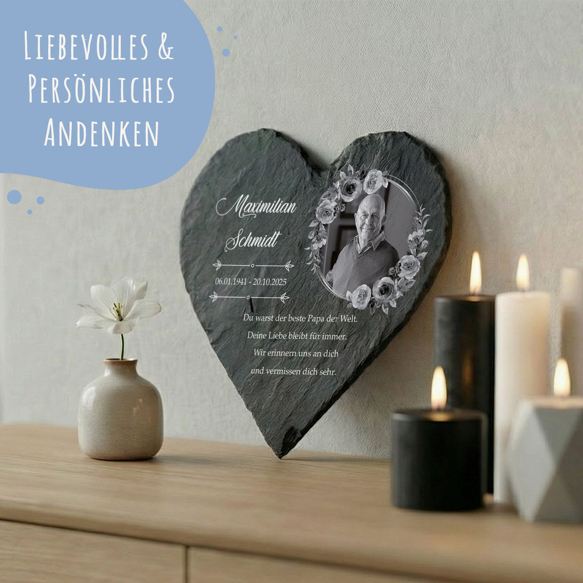 Bedrucktes Schieferherz - In Gedenken V1 - Personalisiertes Geschenk