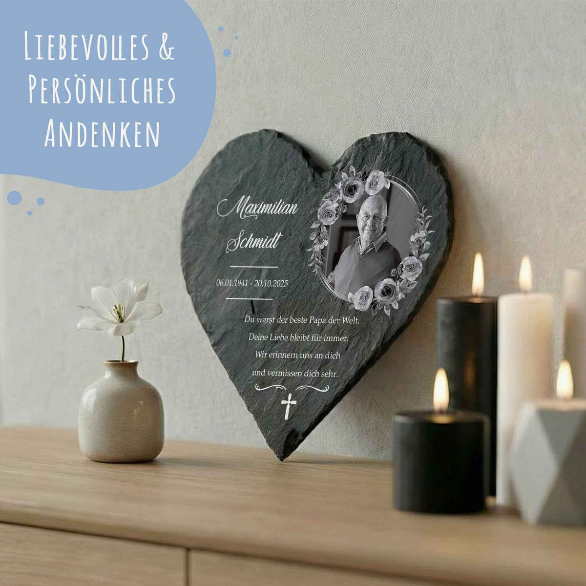Bedrucktes Schieferherz - In Gedenken V2 - Personalisiertes Geschenk