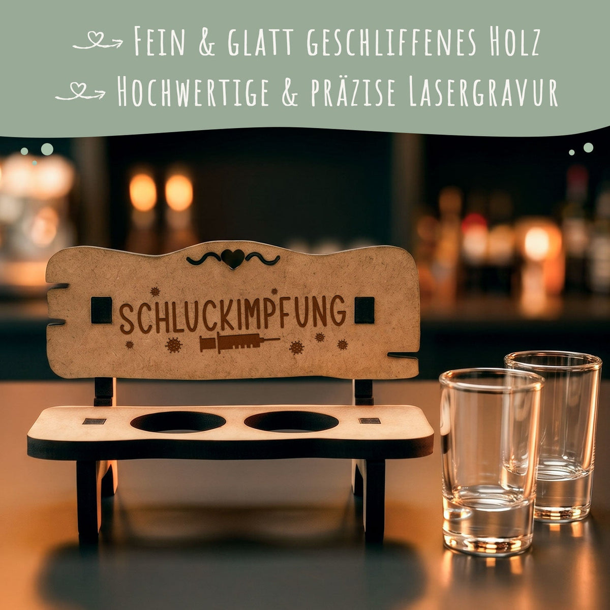 Gravierte Schnapsbank im Schluckimpfung Design + 2 Schnapsgläser