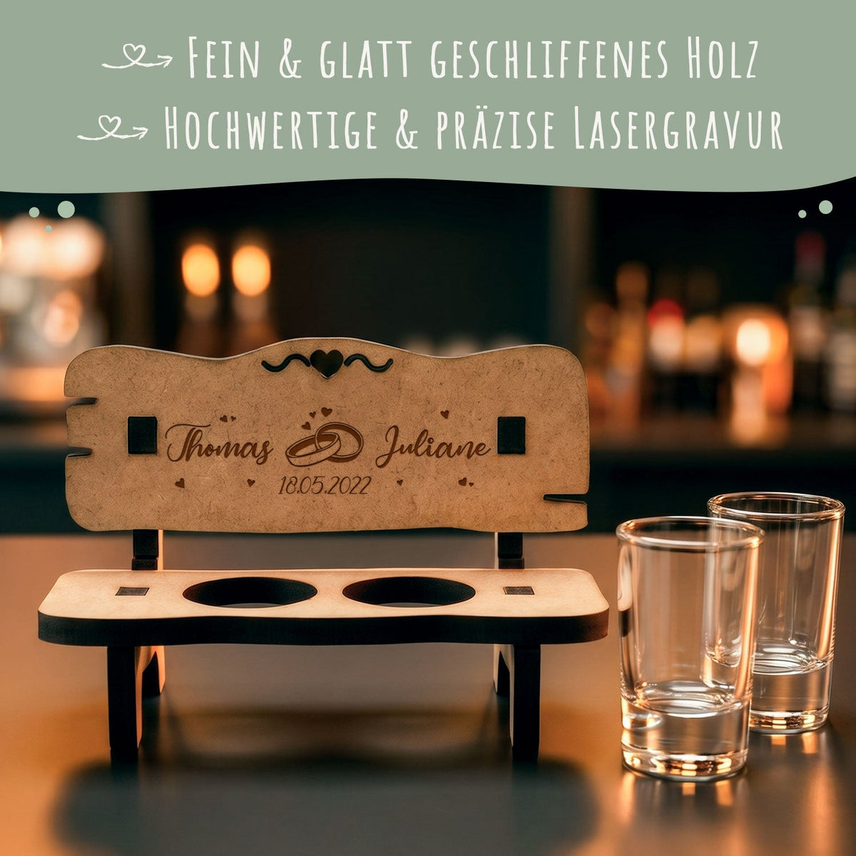 Gravierte Schnapsbank im Wedding Design mit Namen & Datum + 2 Schnapsgläser