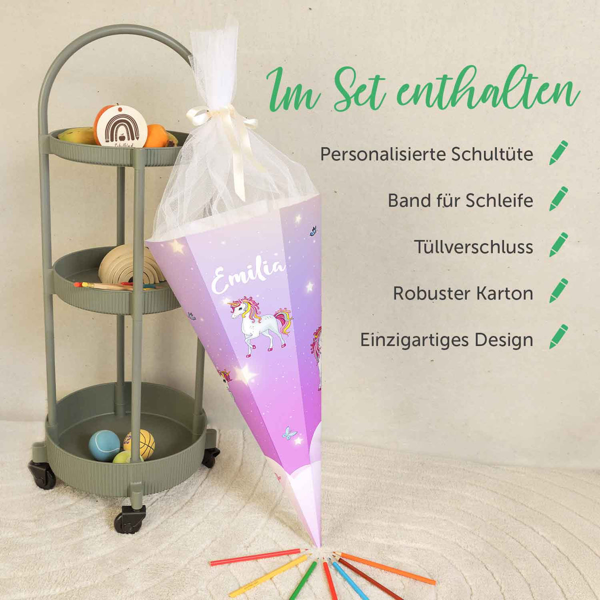 Bedruckte Schultüte mit Namen - Einhorn Rosa