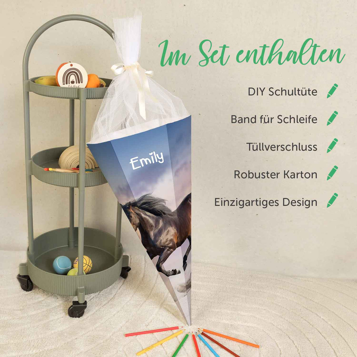 Bedruckte Schultüte mit Namen - Pferd