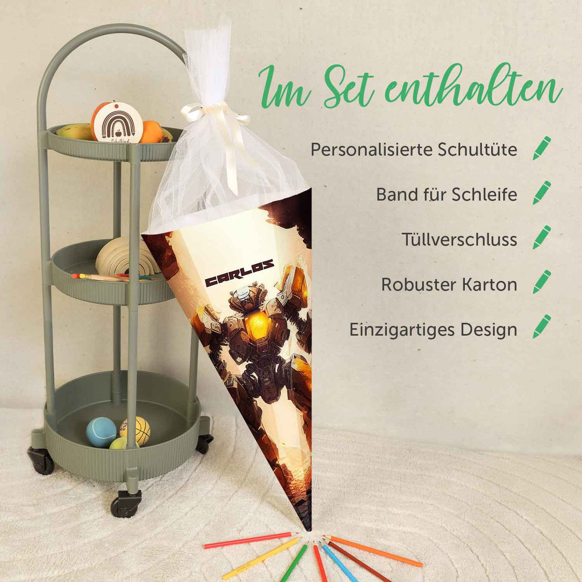 Bedruckte Schultüte mit Namen - Roboter