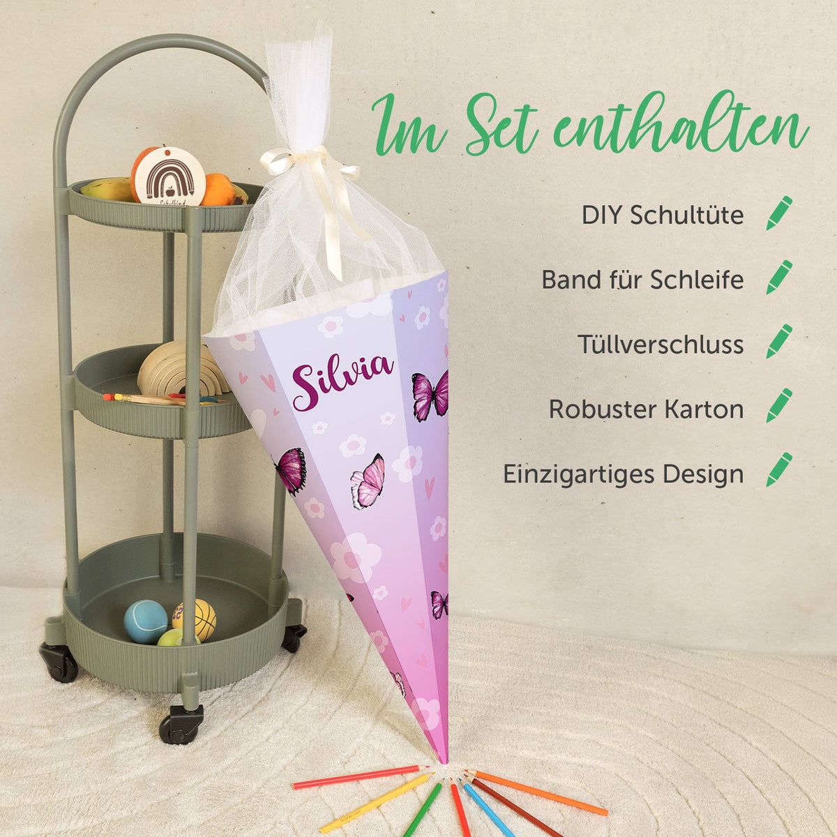 Bedruckte Schultüte mit Namen - Schmetterling