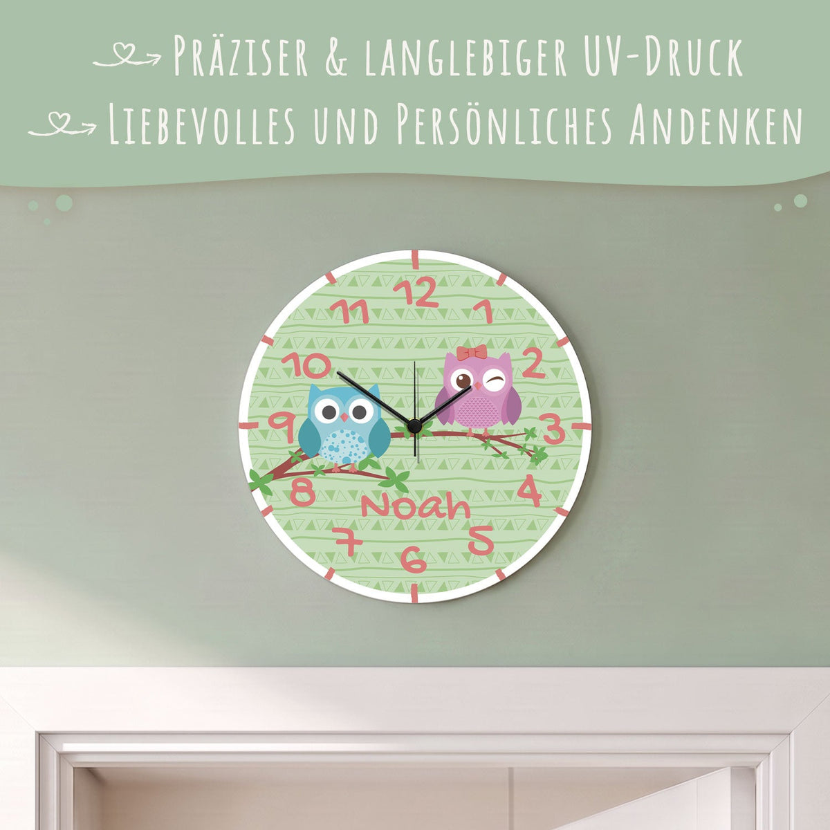 Wanduhr Kinder Eule mit Namen - mit UV Druck