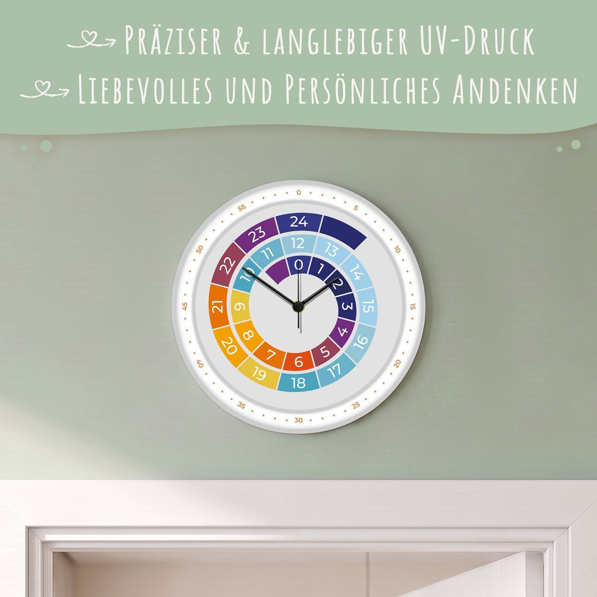 Wanduhr Kinder Regenbogen Farben - mit UV Druck