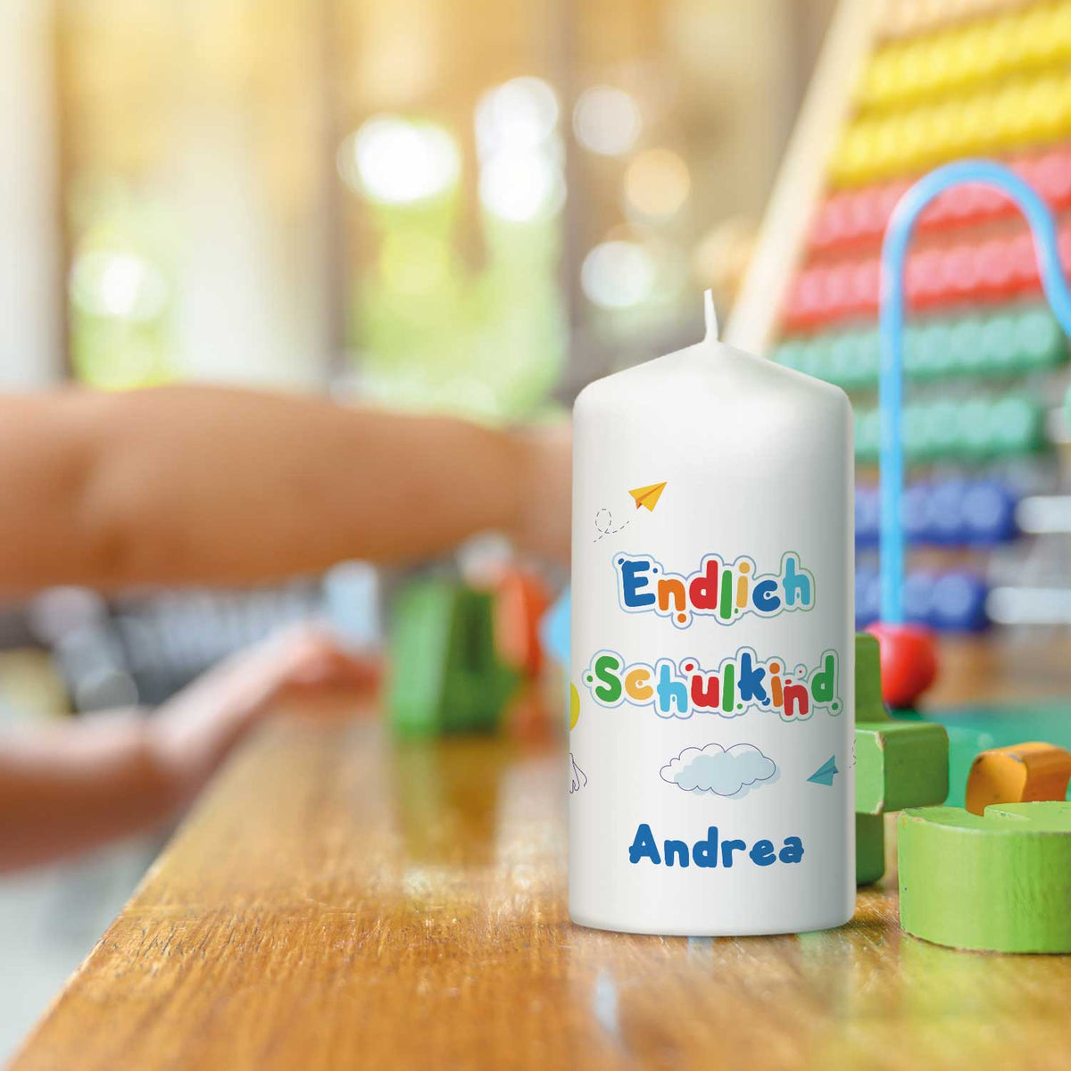 Große Kerze "Endlich Schulkind" mit Namen zur Einschulung