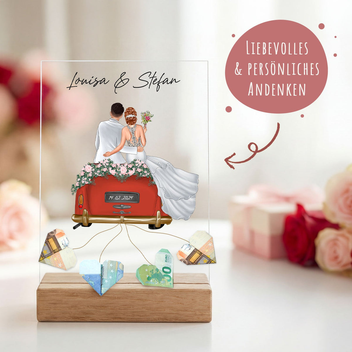 Hochzeitsauto auf Acrylglas - Personalisiertes Geldgeschenk zur Hochzeit