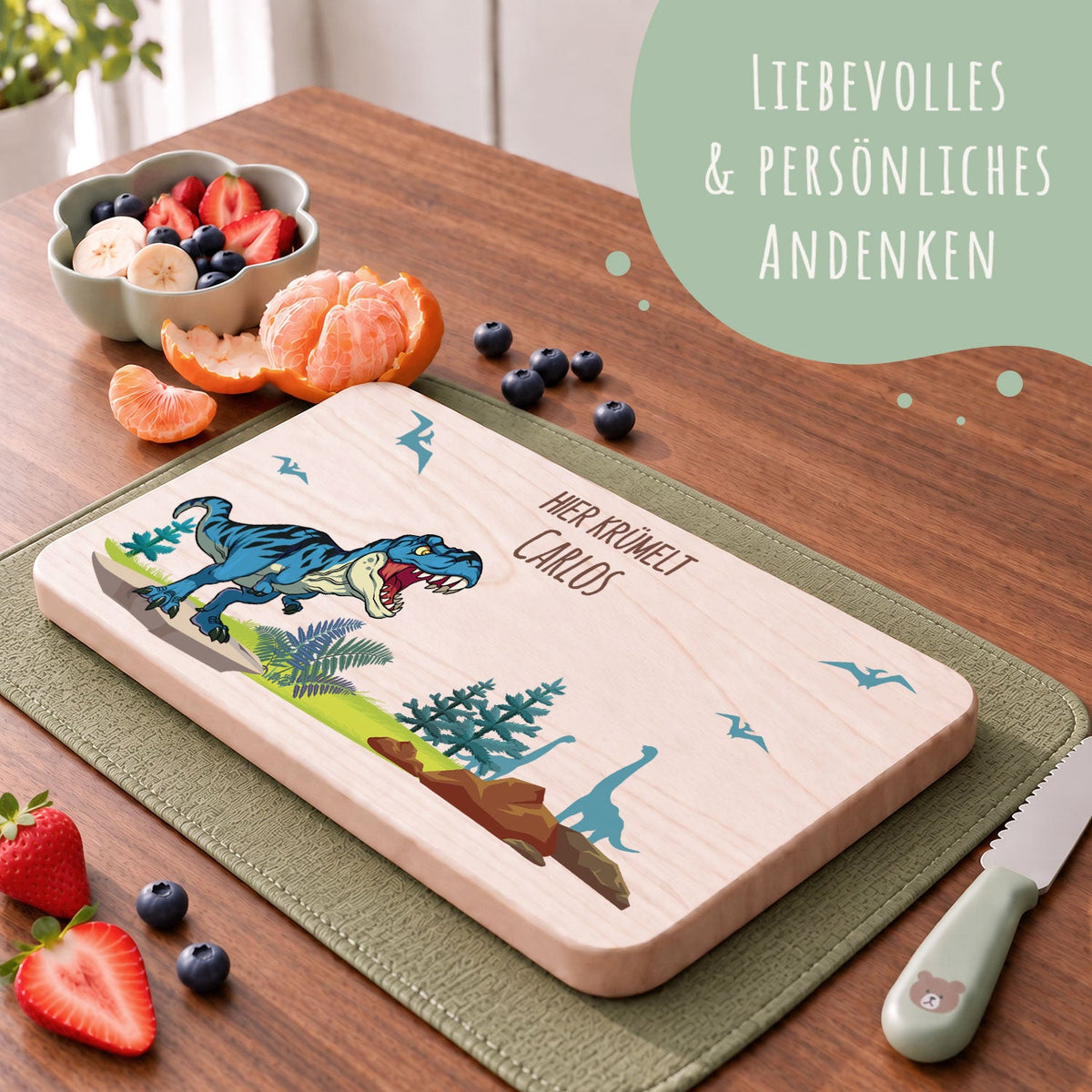 Frühstücksbrettchen mit Druckmotiv & Name - T-Rex Design