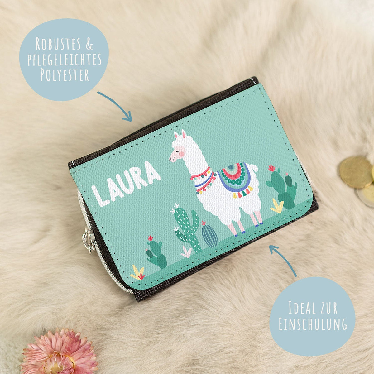 Bedruckte Geldbörse für Kinder im Lama Design