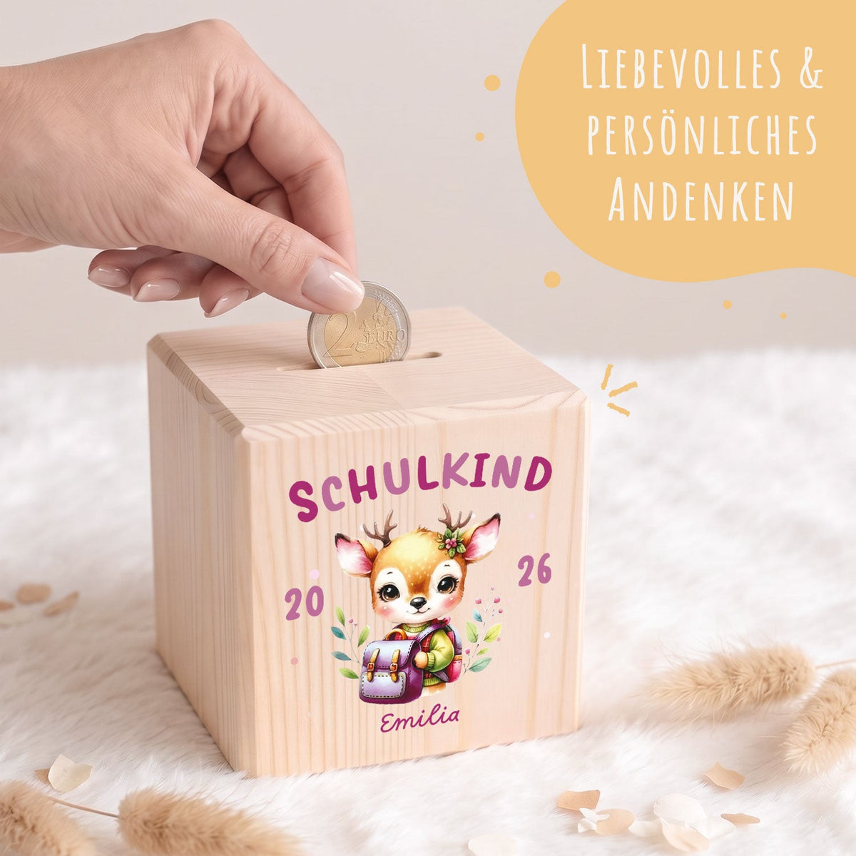 Spardose aus Holz - Schulkind