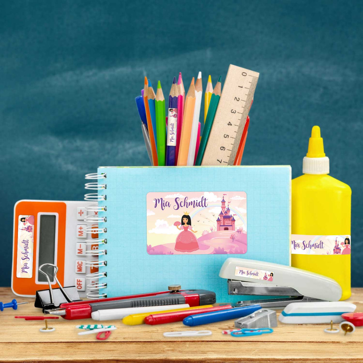 Schuletiketten mit Namen - Prinzessin Design - 100 Aufkleber in verschiedenen Größen