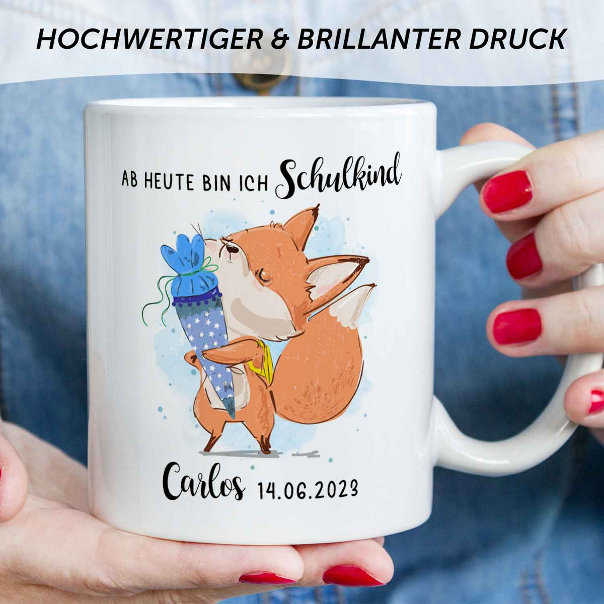 Bedruckte Tasse mit Spruch "Schulkind" - personalisiert mit Name und Datum