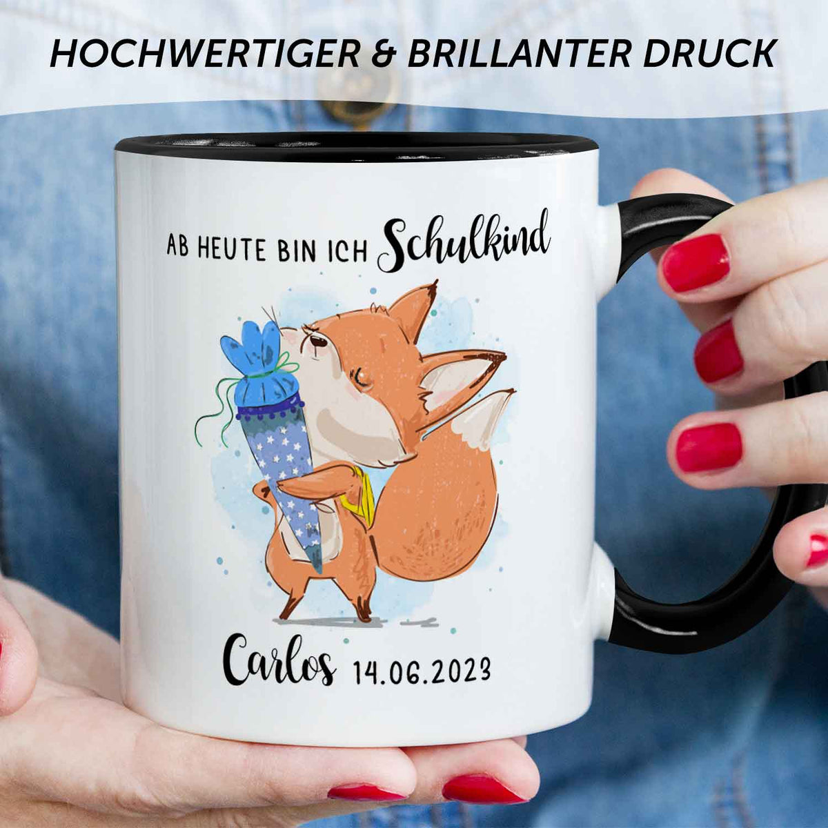Bedruckte Tasse mit Spruch "Schulkind" - personalisiert mit Name und Datum