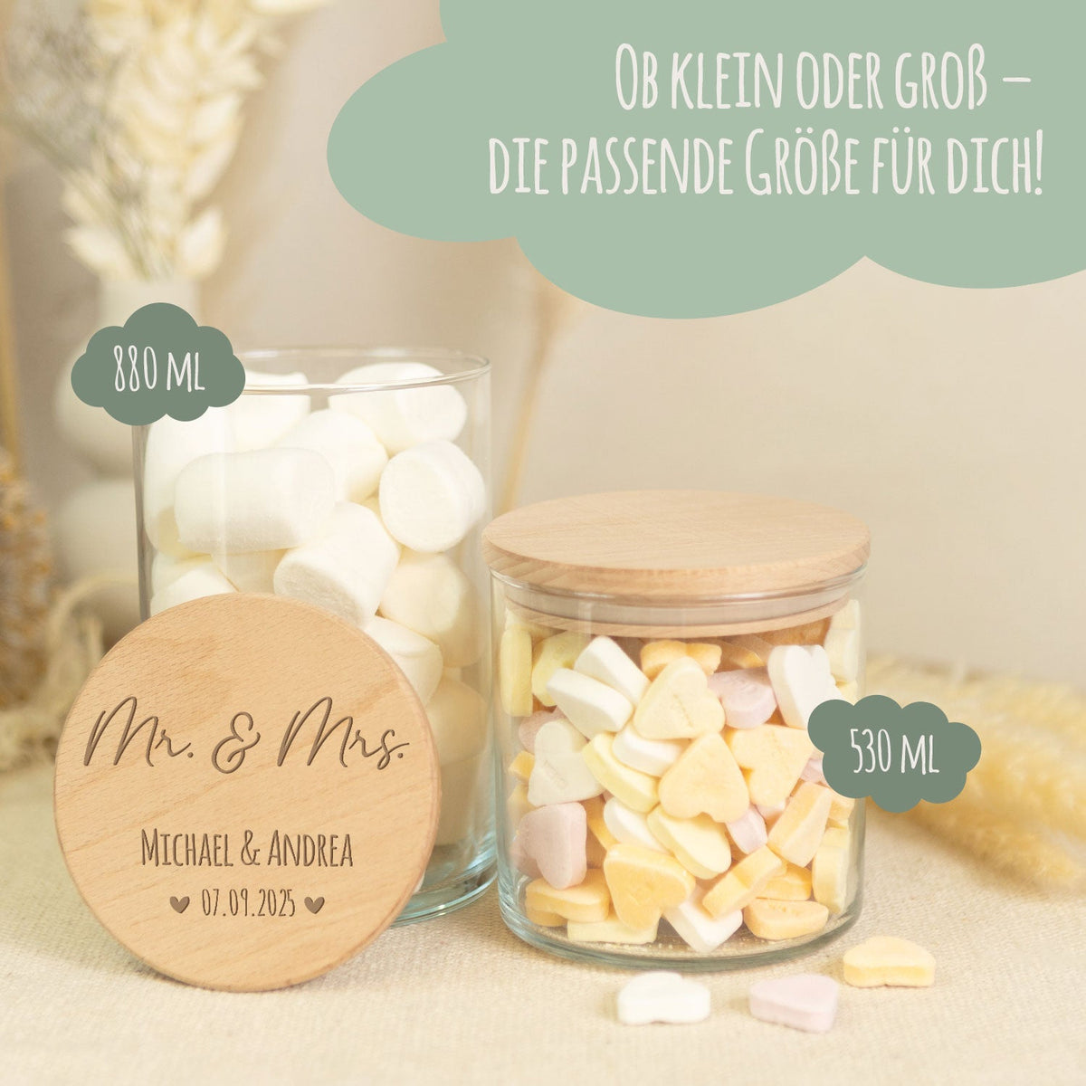 Graviertes Vorratsglas mit Holzdeckel - Mr & Mrs