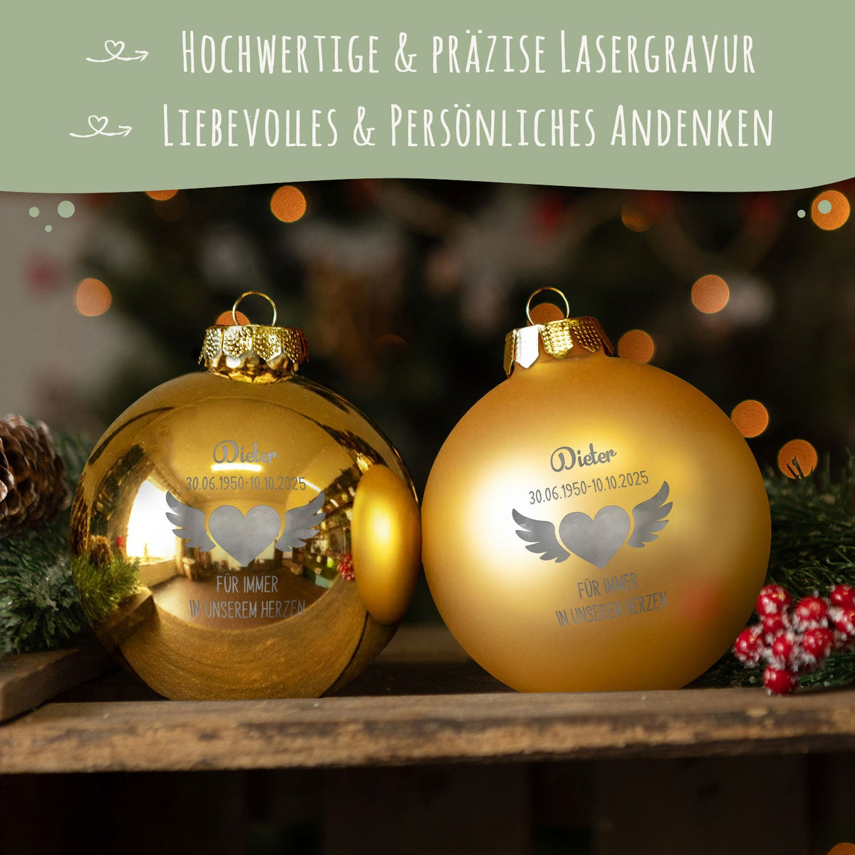 Gravierte Weihnachtskugel - Flügelherz