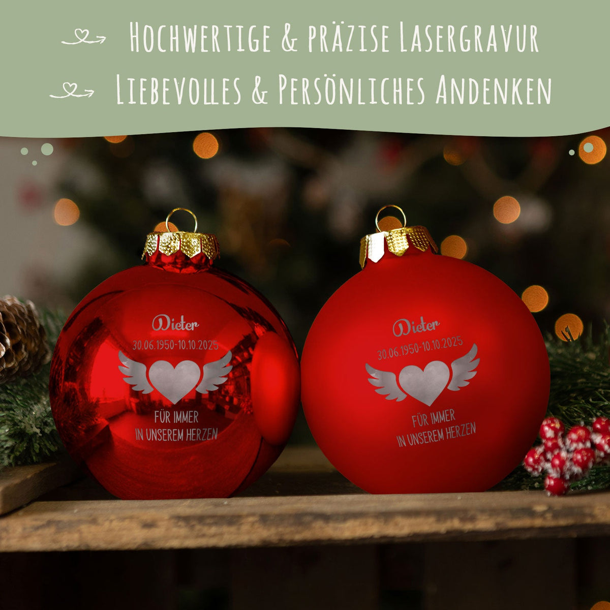 Gravierte Weihnachtskugel - Flügelherz
