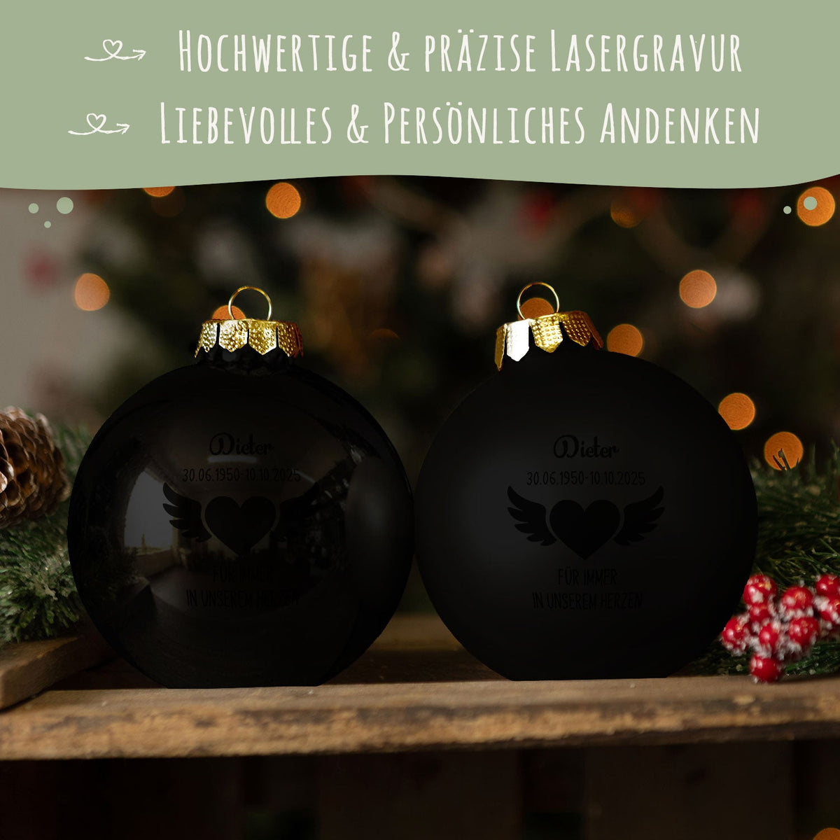 Gravierte Weihnachtskugel - Flügelherz