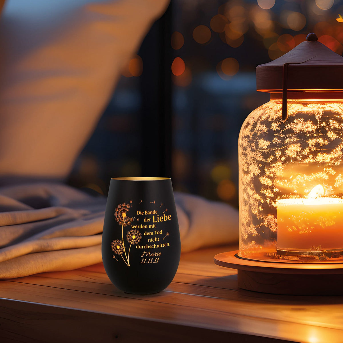 Deko Windlicht aus Glas mit Gravur - Pusteblumen - Personalisiert mit Namen & Datum