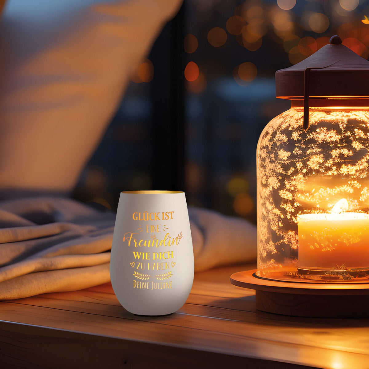 Deko Windlicht aus Glas mit Gravur - Glück ist eine Freundin wie Dich zu haben - Personalisiert mit