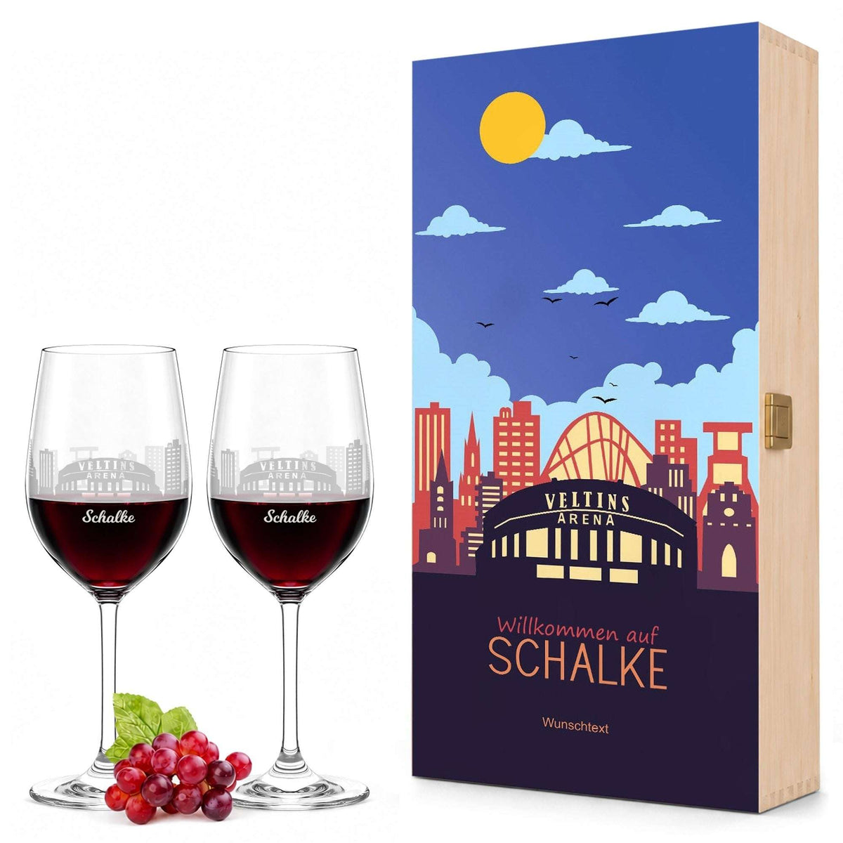 Stölzle Lausitz Weingläser mit Skyline Schalke Gravur als Set inkl. bedruckter Holzkiste