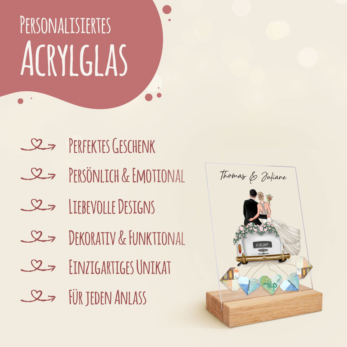 Hochzeitsauto auf Acrylglas - Personalisiertes Geldgeschenk zur Hochzeit