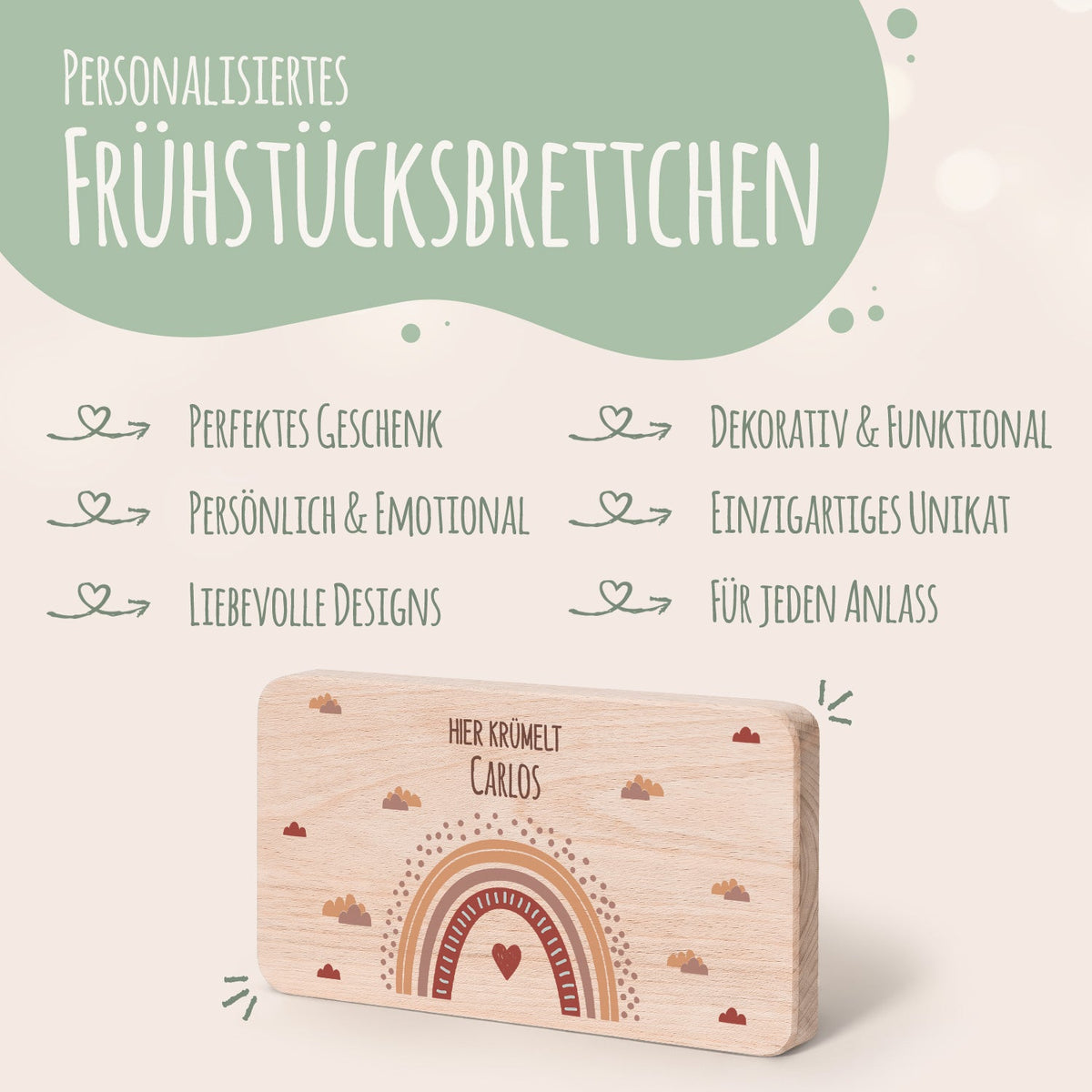 Frühstücksbrettchen mit Druckmotiv & Name - Regenbogen