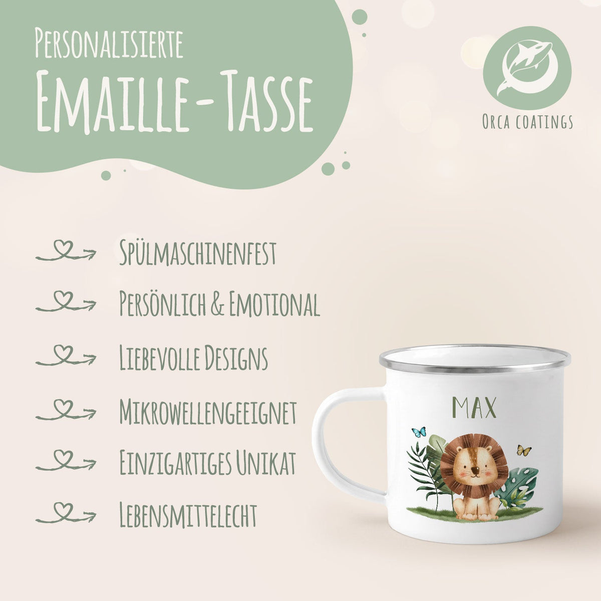 Emaille Tasse für Kinder - Personalisiert mit Namen - Tiergruppe Safari